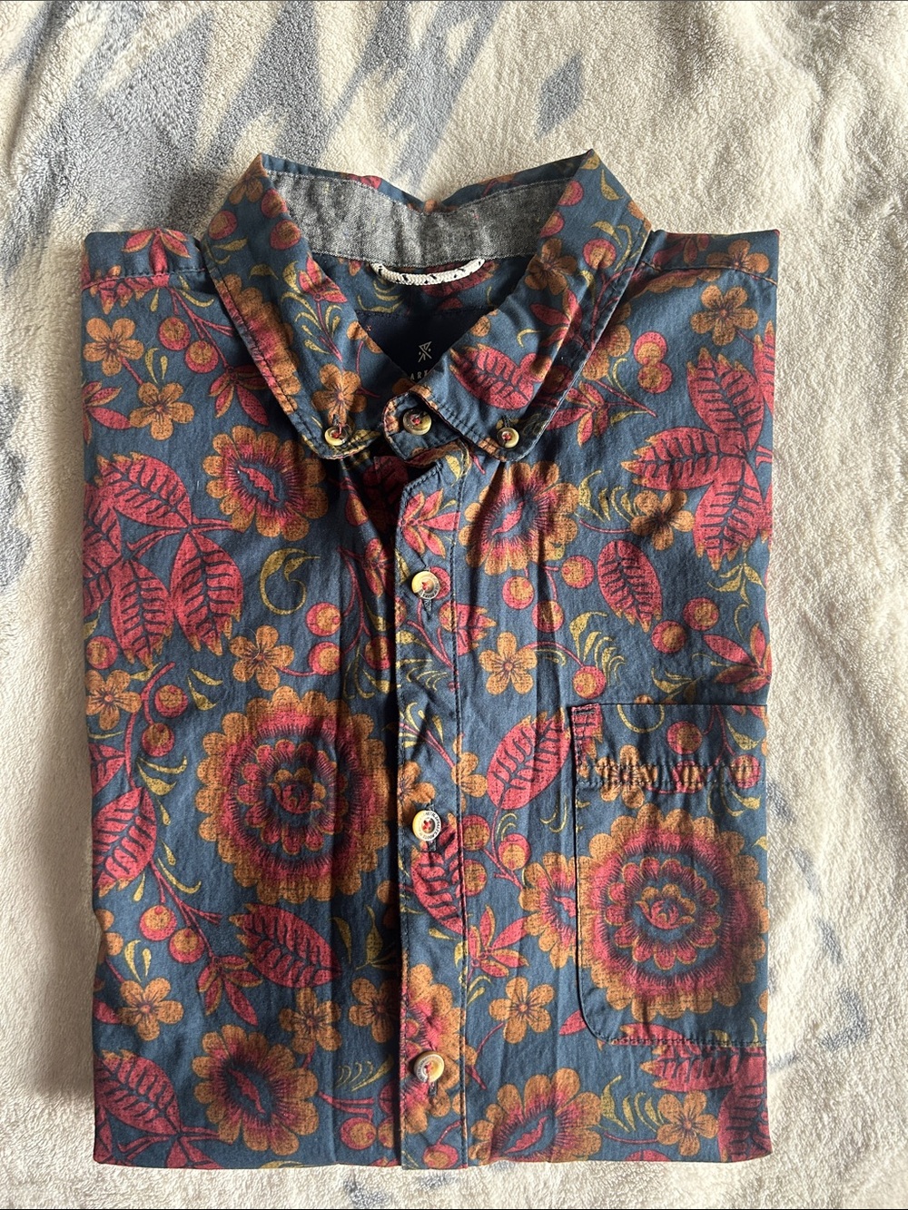 Roark Men's Floral Button-Down Shirt in Navy with Maroon and Gold Accents